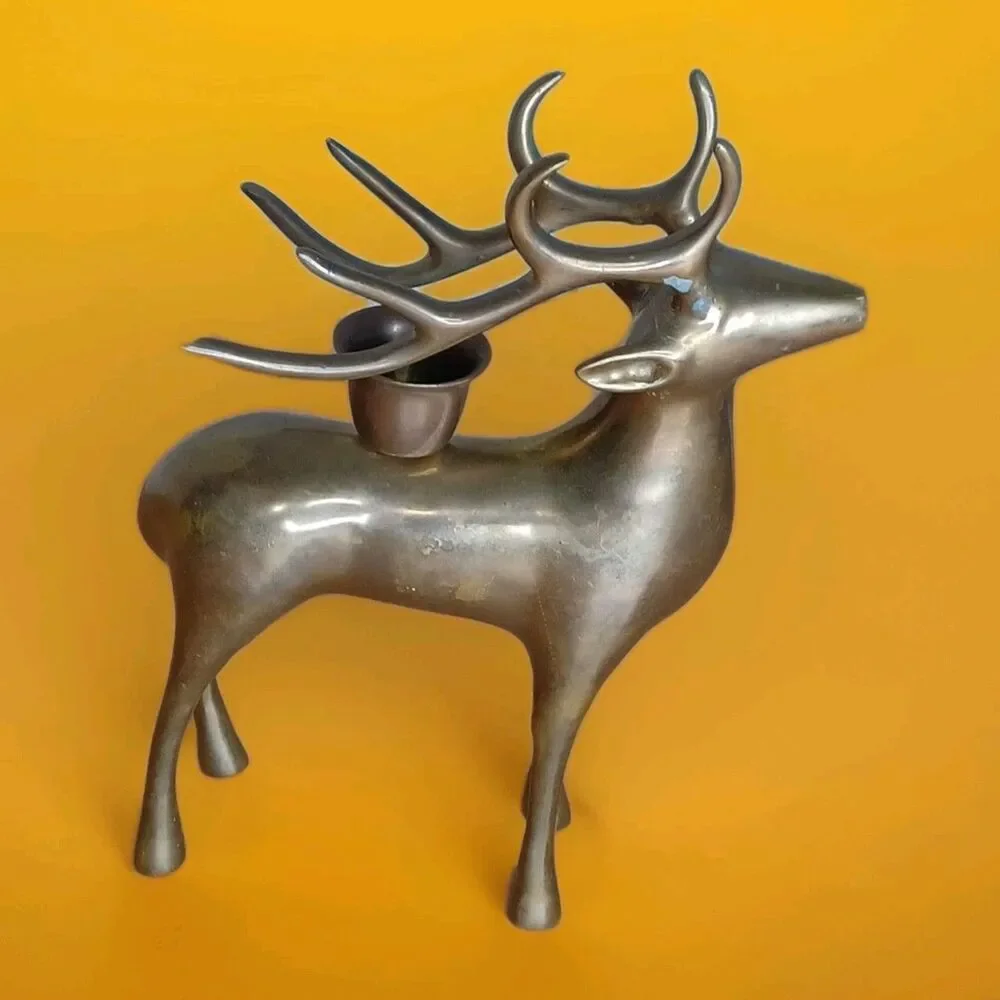 Metal Reindeer Candle Holder Sculpture Dark Brown 7.75